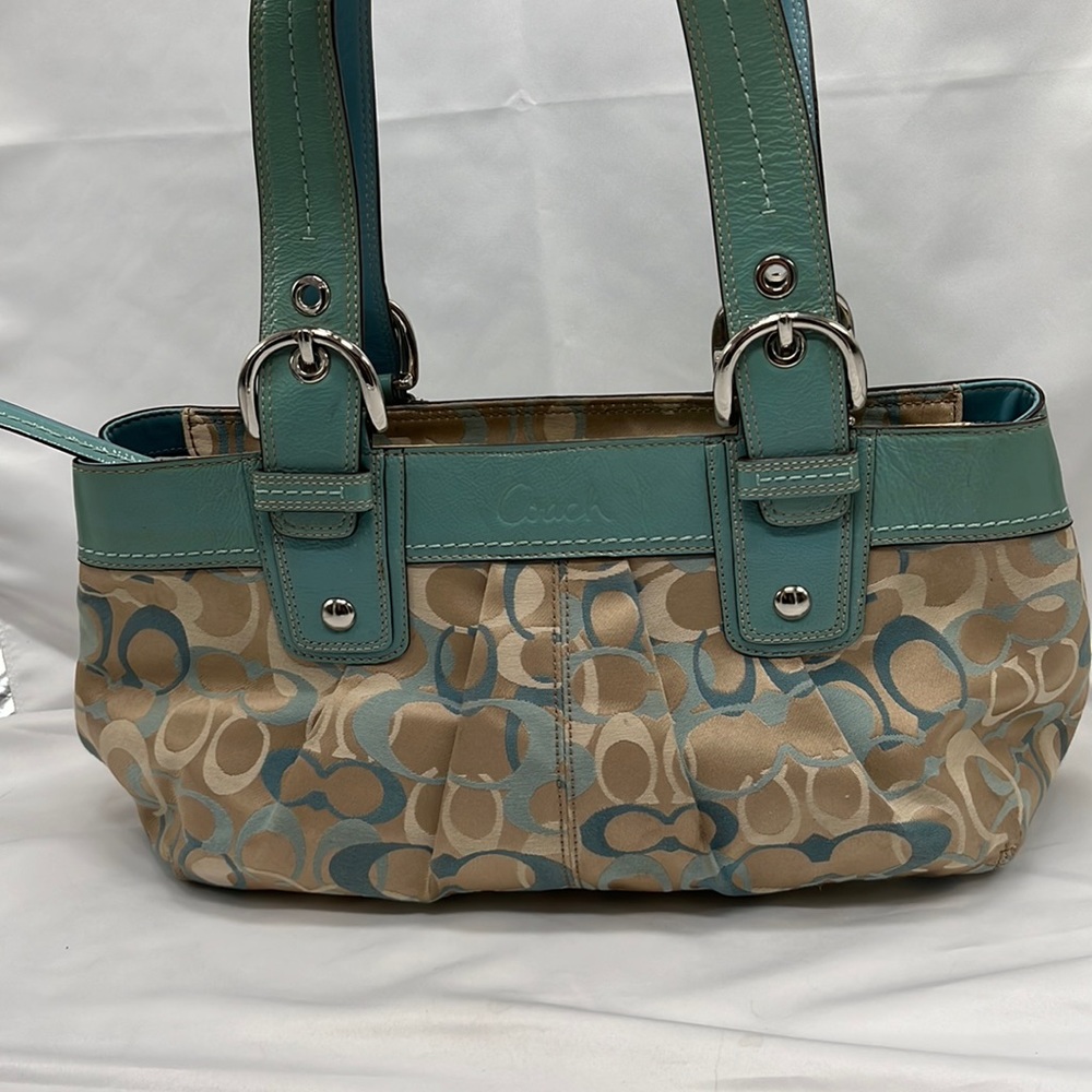 COACH Signature SOHO Optic pleated tote handbag in Teal and Tan